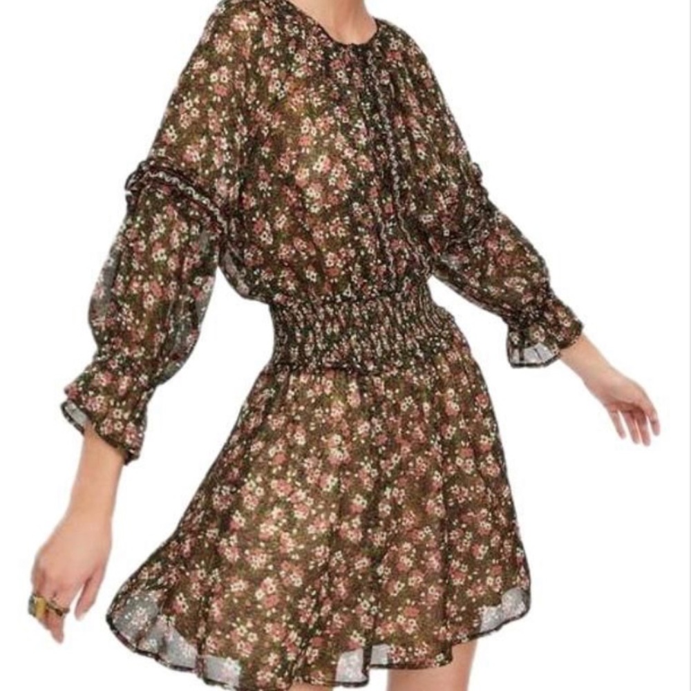 Zara Brown Floral Midi Dress with Pink and Cream Flowers